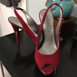 Platform, ruby suede, GUESS sling backs.